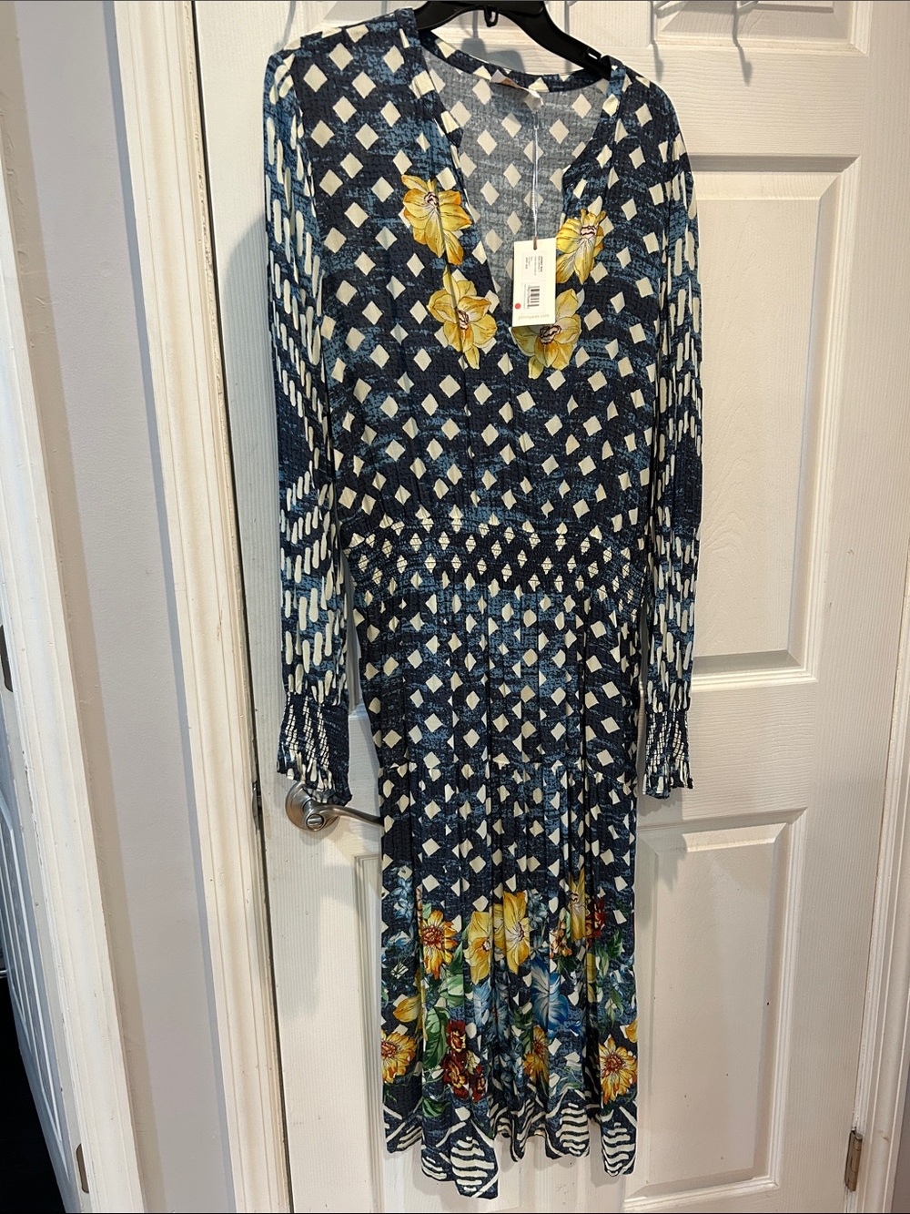Johnny Was Navy Geometric Midi Dress with Yellow Floral Trim